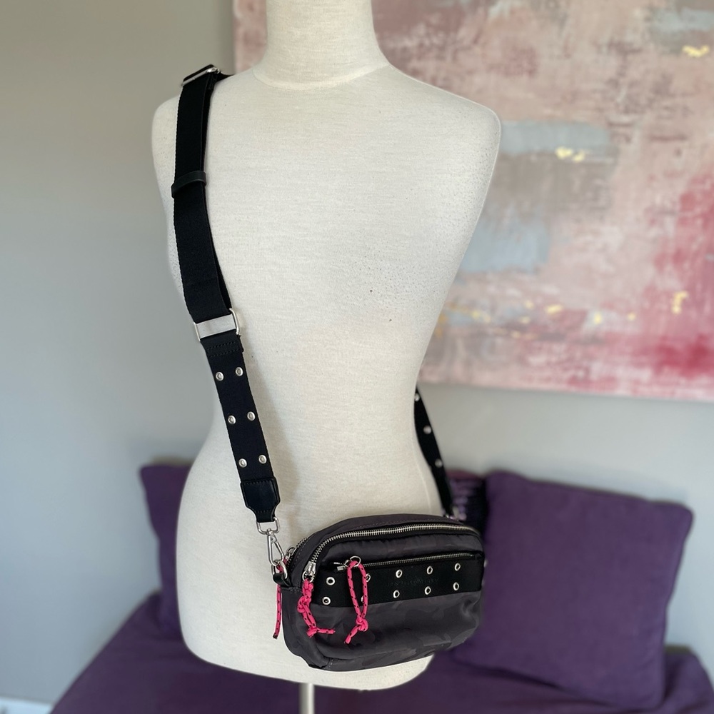 French Connection Cross Body Mini Bag Dark Grey with Camo Print & Pink ties - Picture 1 of 8